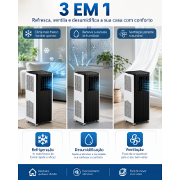 Ar condicionado portátil, 3 em 1, classe A, modo ECO, comando e kit de janela incluído. Refresque a sua casa sem instalação fixa