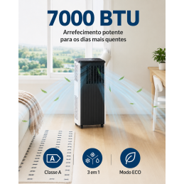 Ar condicionado portátil, 3 em 1, classe A, modo ECO, comando e kit de janela incluído. Refresque a sua casa sem instalação fixa