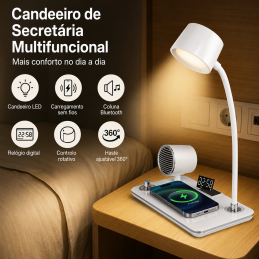 Lámpara de escritorio 4 en 1 con luz LED regulable, carga inalámbrica, altavoz Bluetooth y reloj digital. Moderna, plegable y práctica.