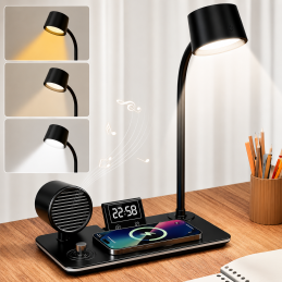 4-in-1 desk lamp with dimmable LED light, wireless charging, Bluetooth speaker, and digital clock. Modern, foldable, and practical.