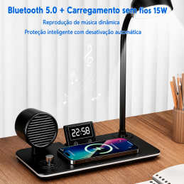 4-in-1 desk lamp with dimmable LED light, wireless charging, Bluetooth speaker, and digital clock. Modern, foldable, and practical.