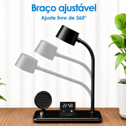 4-in-1 desk lamp with dimmable LED light, wireless charging, Bluetooth speaker, and digital clock. Modern, foldable, and practical.