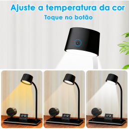 4-in-1 desk lamp with dimmable LED light, wireless charging, Bluetooth speaker, and digital clock. Modern, foldable, and practical.