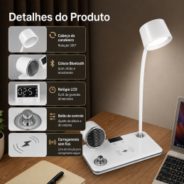Lampe de bureau 4 en 1 avec éclairage LED à intensité variable, chargeur sans fil, haut-parleur Bluetooth et horloge numérique. Moderne, pliable et pratique.