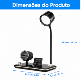 4-in-1 desk lamp with dimmable LED light, wireless charging, Bluetooth speaker, and digital clock. Modern, foldable, and practical.