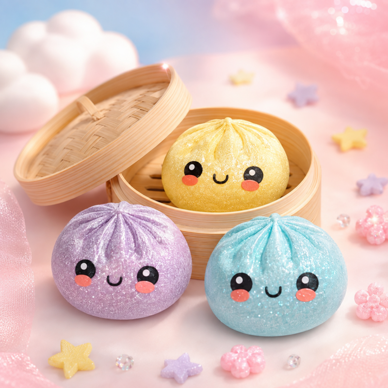 Lucky Dumplings Squishy Surpresa com Glitter Descubra qual Lucky Dumpling vai receber! Squishy surpresa macio e brilhante, com várias cores para colecionar e possibilidade de encontrar o SUPER RARO