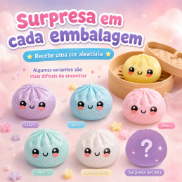 Lucky Dumplings Squishy Surpresa com Glitter Descubra qual Lucky Dumpling vai receber! Squishy surpresa macio e brilhante, com várias cores para colecionar e possibilidade de encontrar o SUPER RARO