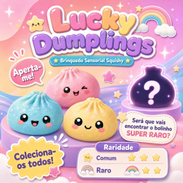 Lucky Dumplings Squishy Surpresa com Glitter Descubra qual Lucky Dumpling vai receber! Squishy surpresa macio e brilhante, com várias cores para colecionar e possibilidade de encontrar o SUPER RARO