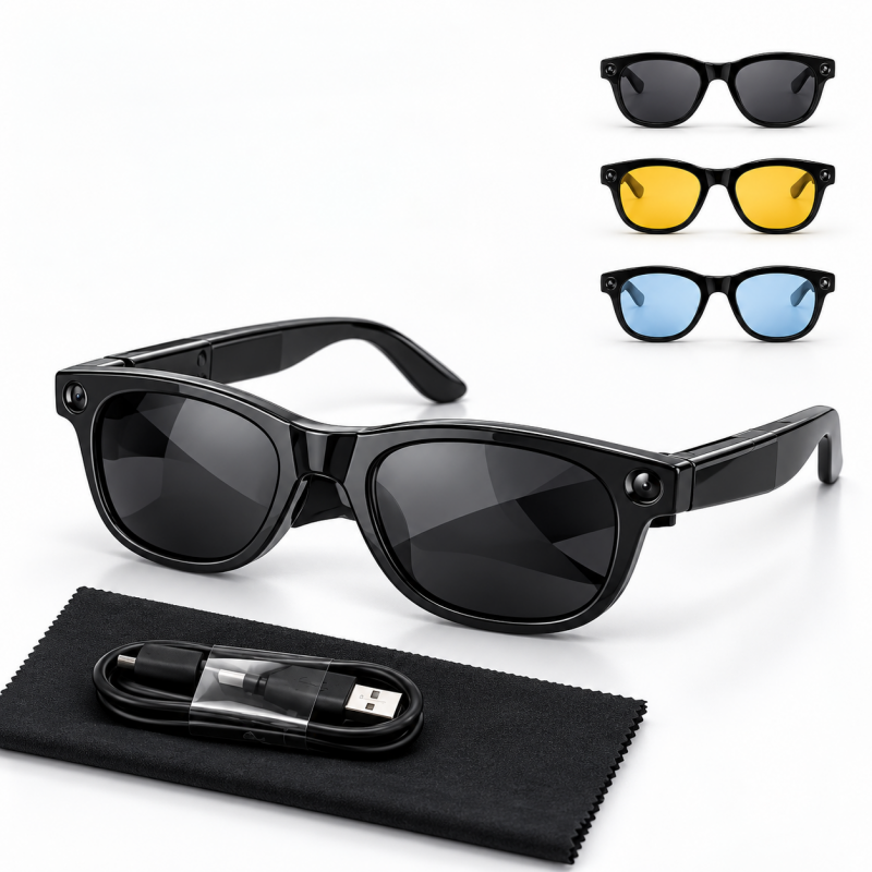 Intelligente Brille mit KI, 8-MP-Kamera, Echtzeitübersetzung, Bluetooth 5.4, Wi-Fi, Anruffunktion, Musikwiedergabe und 3 austauschbaren Linsen.