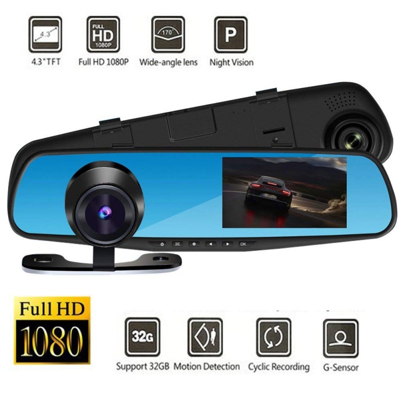 Fotocamera anteriore e posteriore Full HD 1080p DVR per auto LCD 4.3 Vuoi proteggere la tua auto dal momento in cui la avvii: guida in modo più sicuro proteggendo la guida e le manovre.