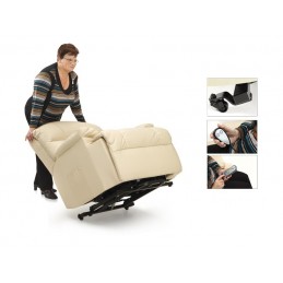 Este sofá possui um sistema que permite que o sofá levante e desça permitindo que a pessoa se sente ou saia do sofá sem efetuar qualquer esforço.