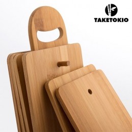 No te pierdas este set con 6 magníficas tablas y su soporte, apto para todo tipo de aperitivos o comidas.