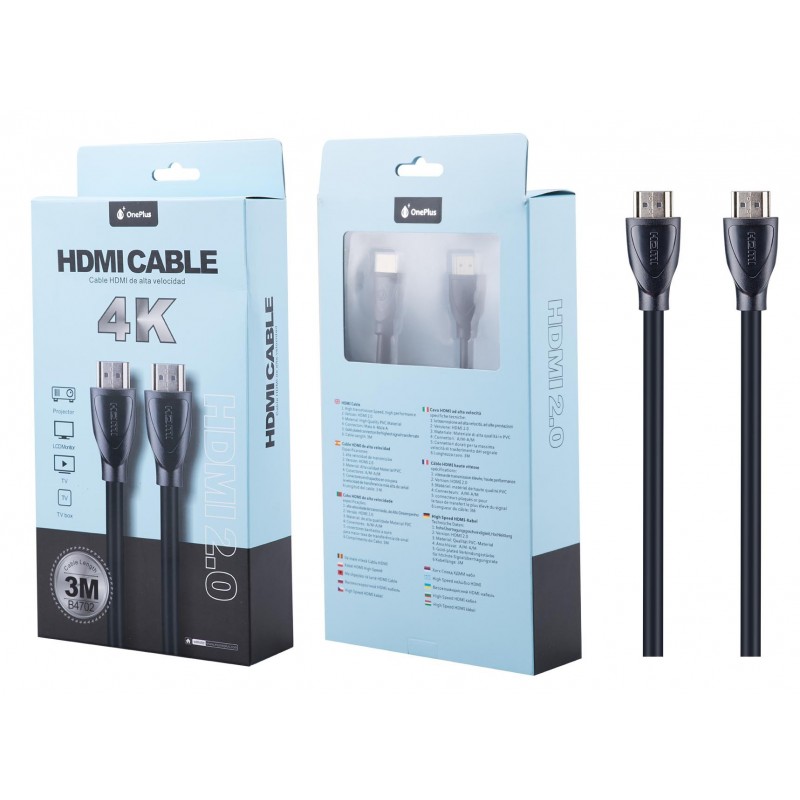 3 m 4K HDMI Cable - Black, high transmission speed with Gold Plated connectors for a higher signal transfer rate.