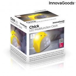 Un reloj digital táctil con forma de pollito que también funciona como luz nocturna con 3 niveles de intensidad y muestra la fecha y la temperatura.