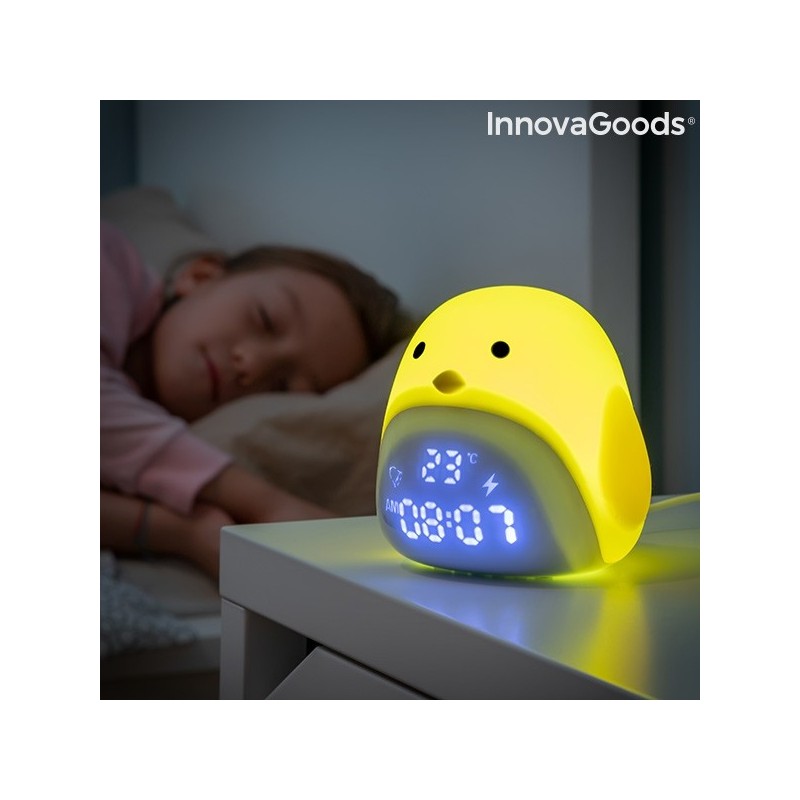 Reloj despertador LED táctil recargable de silicona Chick Un reloj digital táctil con forma de pollito que también funciona como luz nocturna con 3 niveles de intensidad y muestra la fecha y la temperatura.