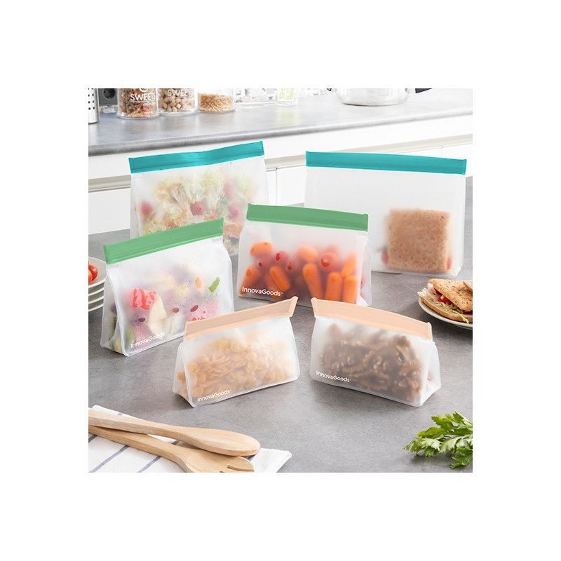 Un set di 6 sacchetti riutilizzabili con chiusura ermetica per trasportare gli alimenti o conservarli nel frigorifero o nel congelatore, anche i liquidi