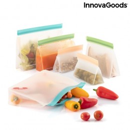 A set of 6 reusable bags with airtight closure to transport food or store it in the fridge or freezer - even liquids