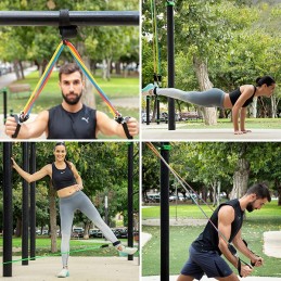 Un set de 5 bandas de resistencia ajustables con accesorios que te ayudarán a realizar una serie de ejercicios para brazos, hombros, pecho, glúteos.