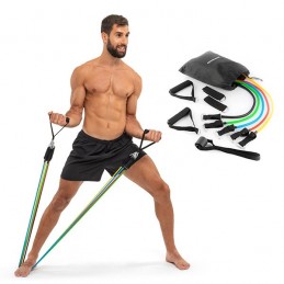 A set of 5 adjustable resistance bands with accessories that will help you perform a series of exercises for arms, shoulders, chest, glutes