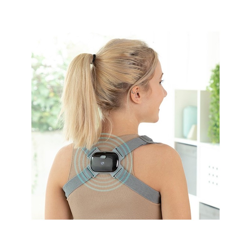 A smart posture trainer with vibration alert to correct your posture when it deviates more than 25 degrees from the proper upright position
