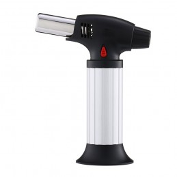 A culinary torch with flame is adjustable for different uses, such as caramelizing desserts, peeling peppers, tomatoes and other vegetables