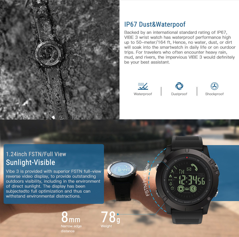 Tenha todas as funcionalidades do seu Smartphone no seu pulso com este Relógio Smartwatch Vibe 3 - Bateria para 33 Meses - IP67 à prova de água