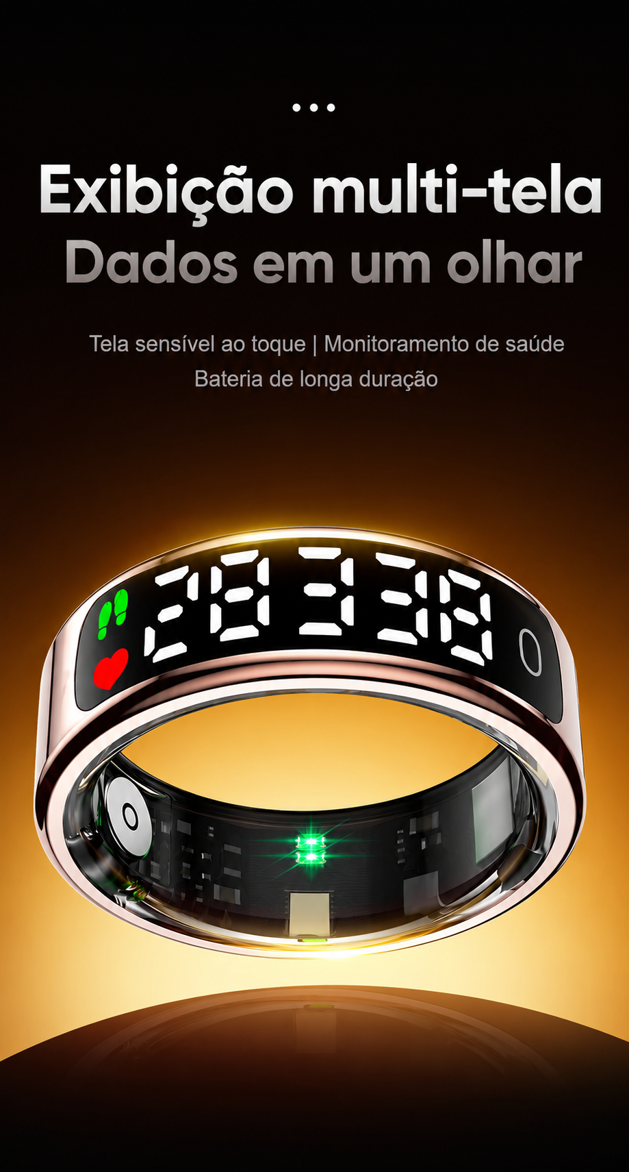Smartring mit Touchscreen Anel inteligente com ecrã táctil, carregamento sem fios e monitorização de saúde. Resistente à água, perfeito para o dia a dia ativo de homens e mulheres
