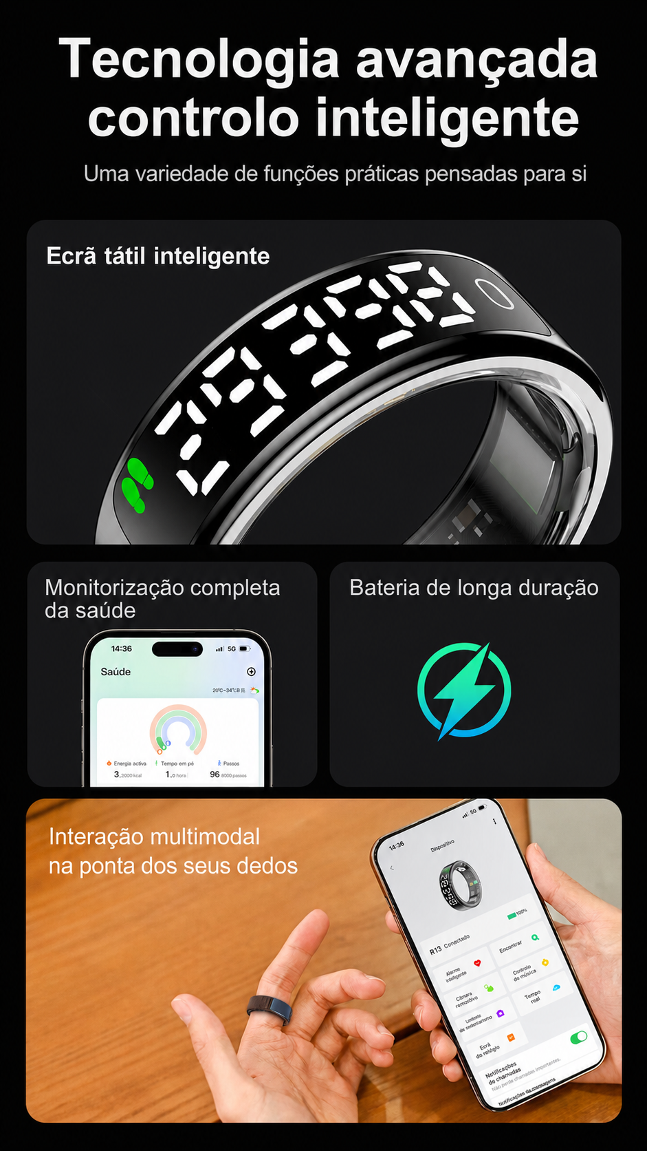 Smartring mit Touchscreen Anel inteligente com ecrã táctil, carregamento sem fios e monitorização de saúde. Resistente à água, perfeito para o dia a dia ativo de homens e mulheres