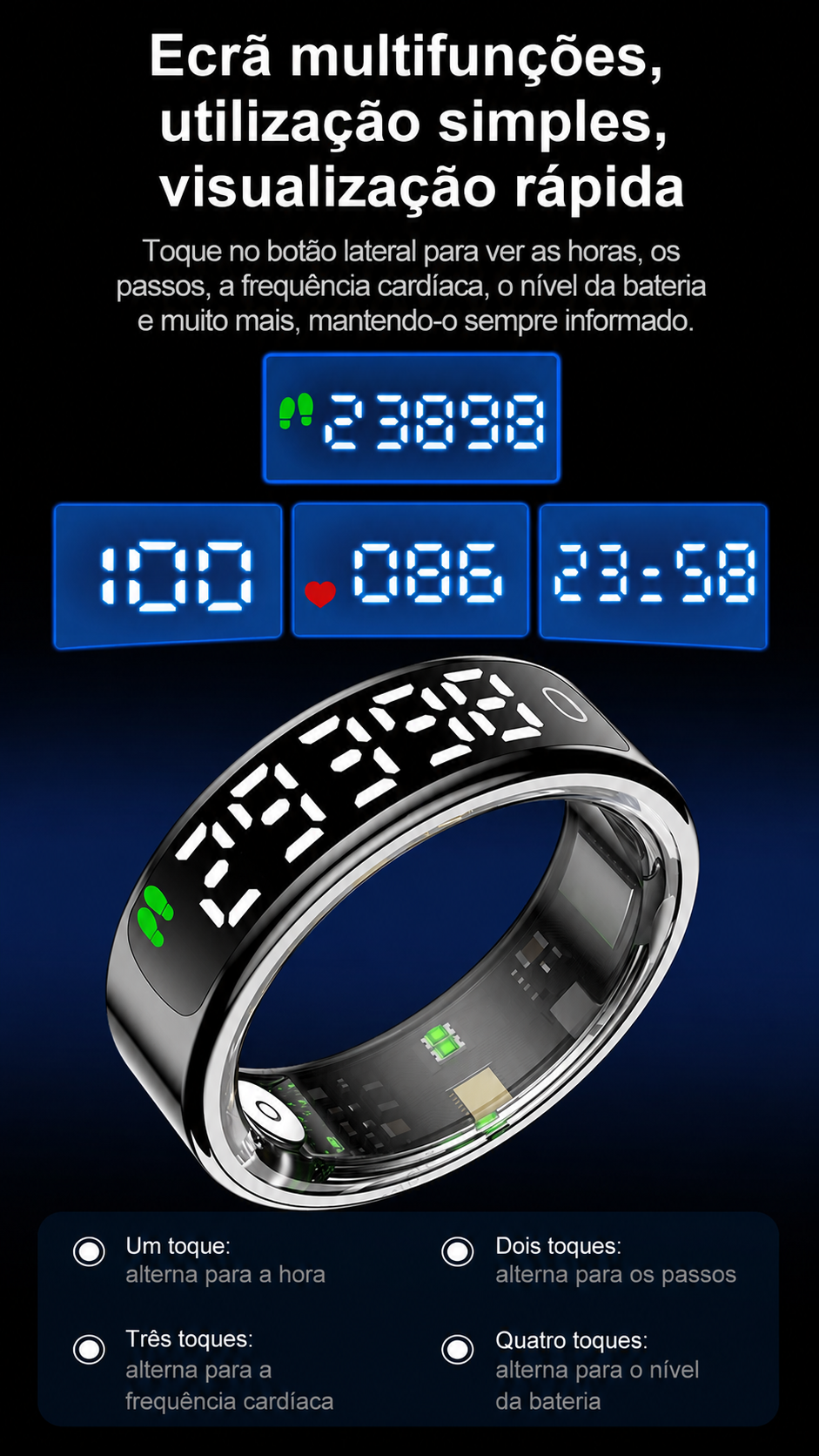 Smartring mit Touchscreen Anel inteligente com ecrã táctil, carregamento sem fios e monitorização de saúde. Resistente à água, perfeito para o dia a dia ativo de homens e mulheres