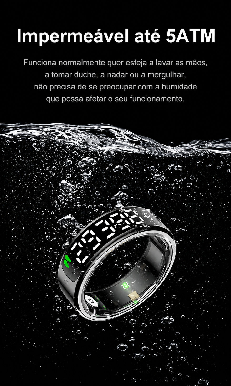 Smartring mit Touchscreen Anel inteligente com ecrã táctil, carregamento sem fios e monitorização de saúde. Resistente à água, perfeito para o dia a dia ativo de homens e mulheres