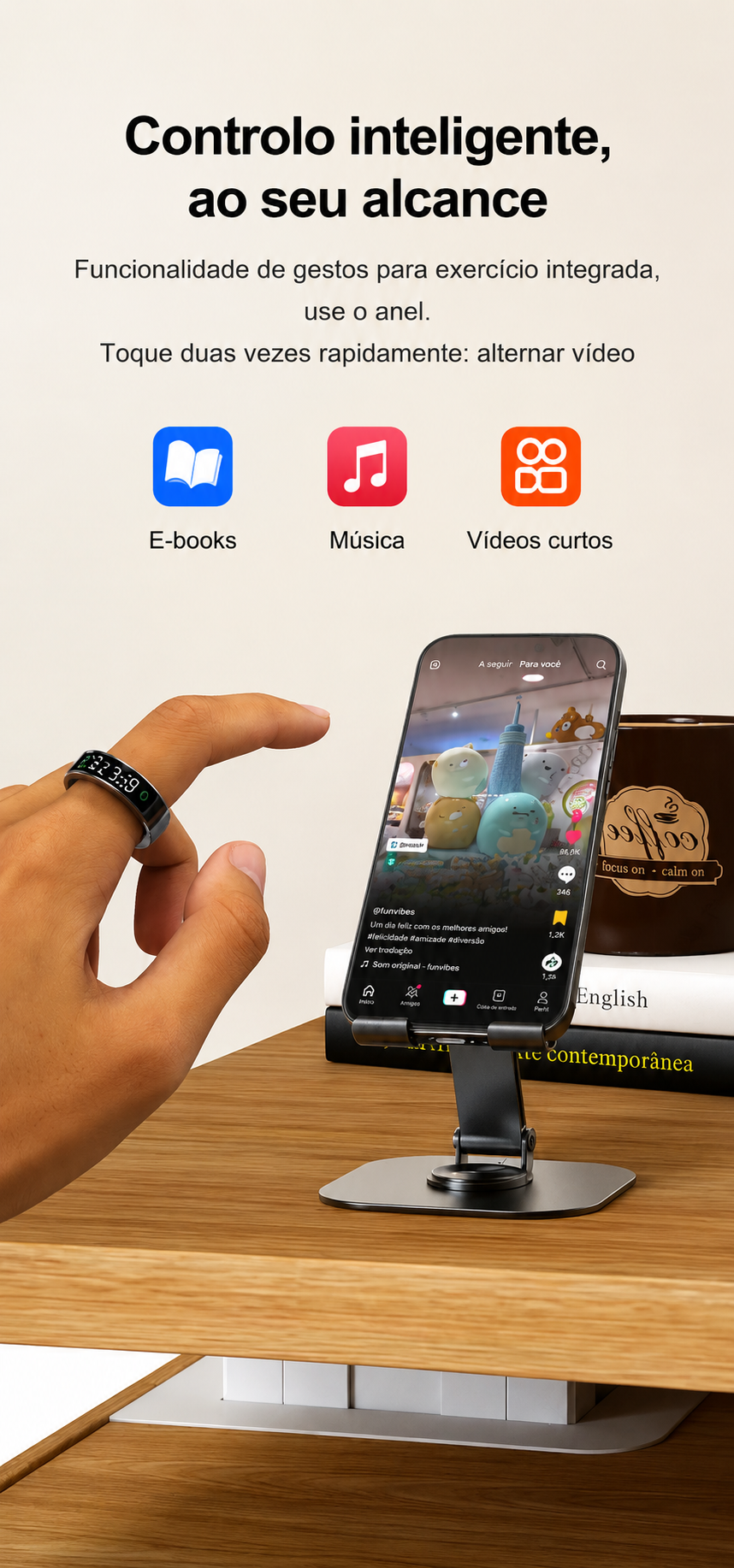 Smartring mit Touchscreen Anel inteligente com ecrã táctil, carregamento sem fios e monitorização de saúde. Resistente à água, perfeito para o dia a dia ativo de homens e mulheres