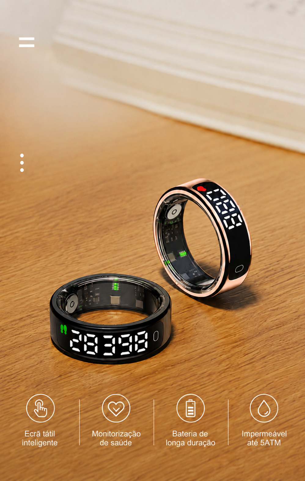 Smartring mit Touchscreen Anel inteligente com ecrã táctil, carregamento sem fios e monitorização de saúde. Resistente à água, perfeito para o dia a dia ativo de homens e mulheres