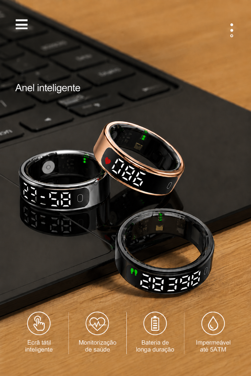Smartring mit Touchscreen Anel inteligente com ecrã táctil, carregamento sem fios e monitorização de saúde. Resistente à água, perfeito para o dia a dia ativo de homens e mulheres
